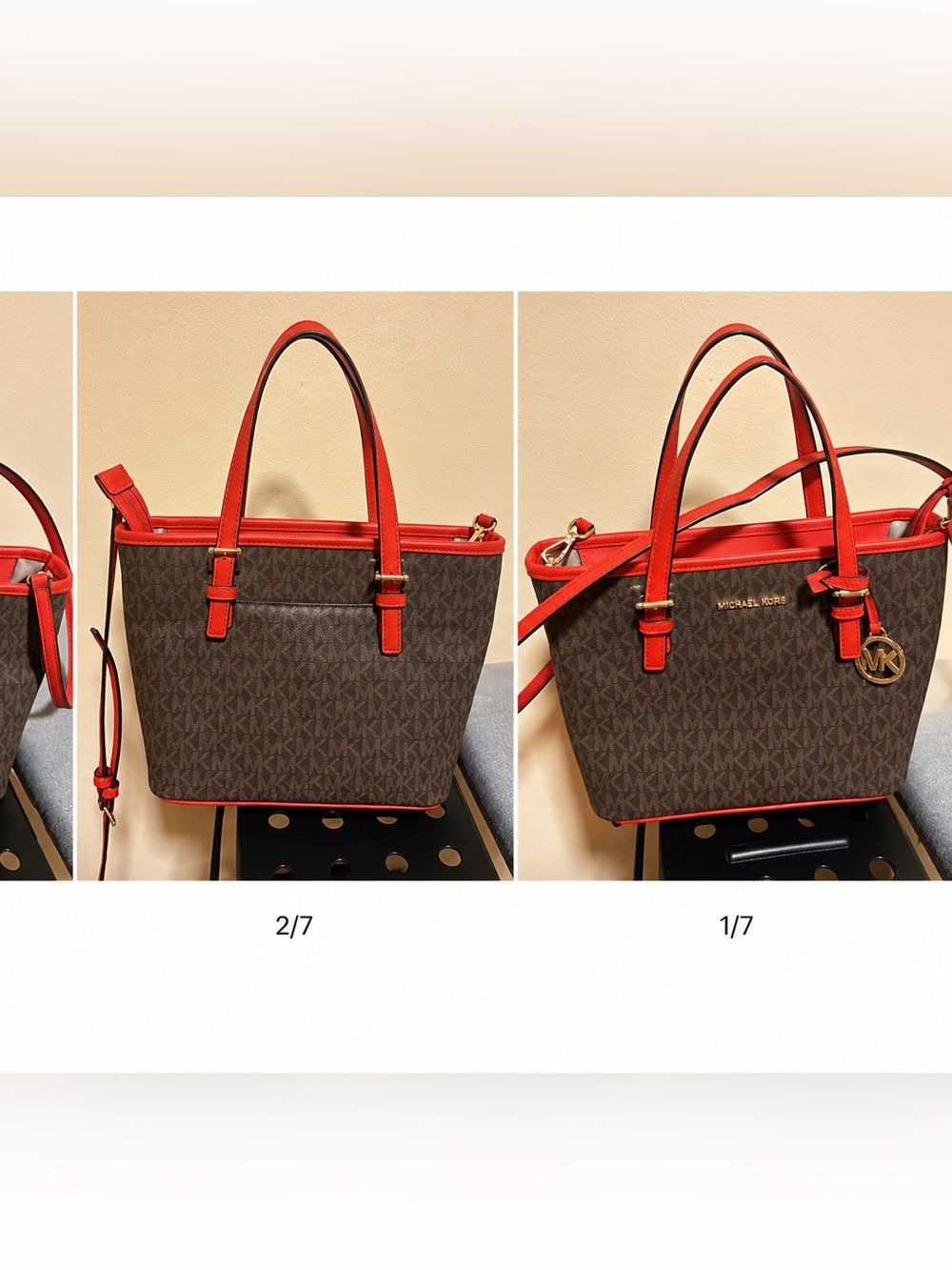 Medium  Michael Kors Brown Signature Tote with Red Trim